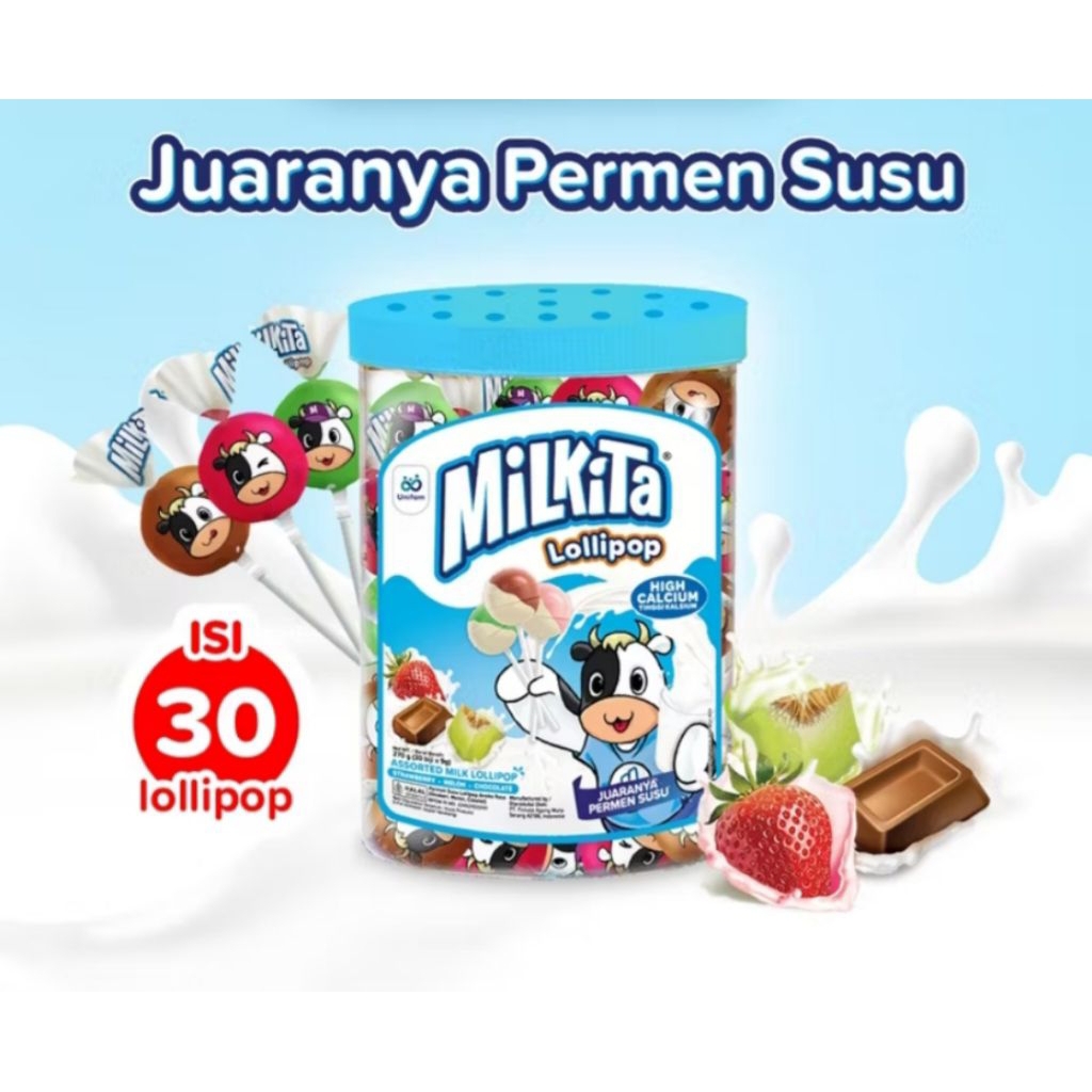 

Milkita Lollipop Jar Assorted Festive (1Jar: 30pcs) - Permen Milkita Toples Rasa Cokelat , Stroberi, & Melon / Permen Susu Tinggi Kalsium / Permen Rasa Susu / Permen Susu / Permen Lolipop Milkita / Jual Permen Susu / Milkita Murah / Permen Milkita