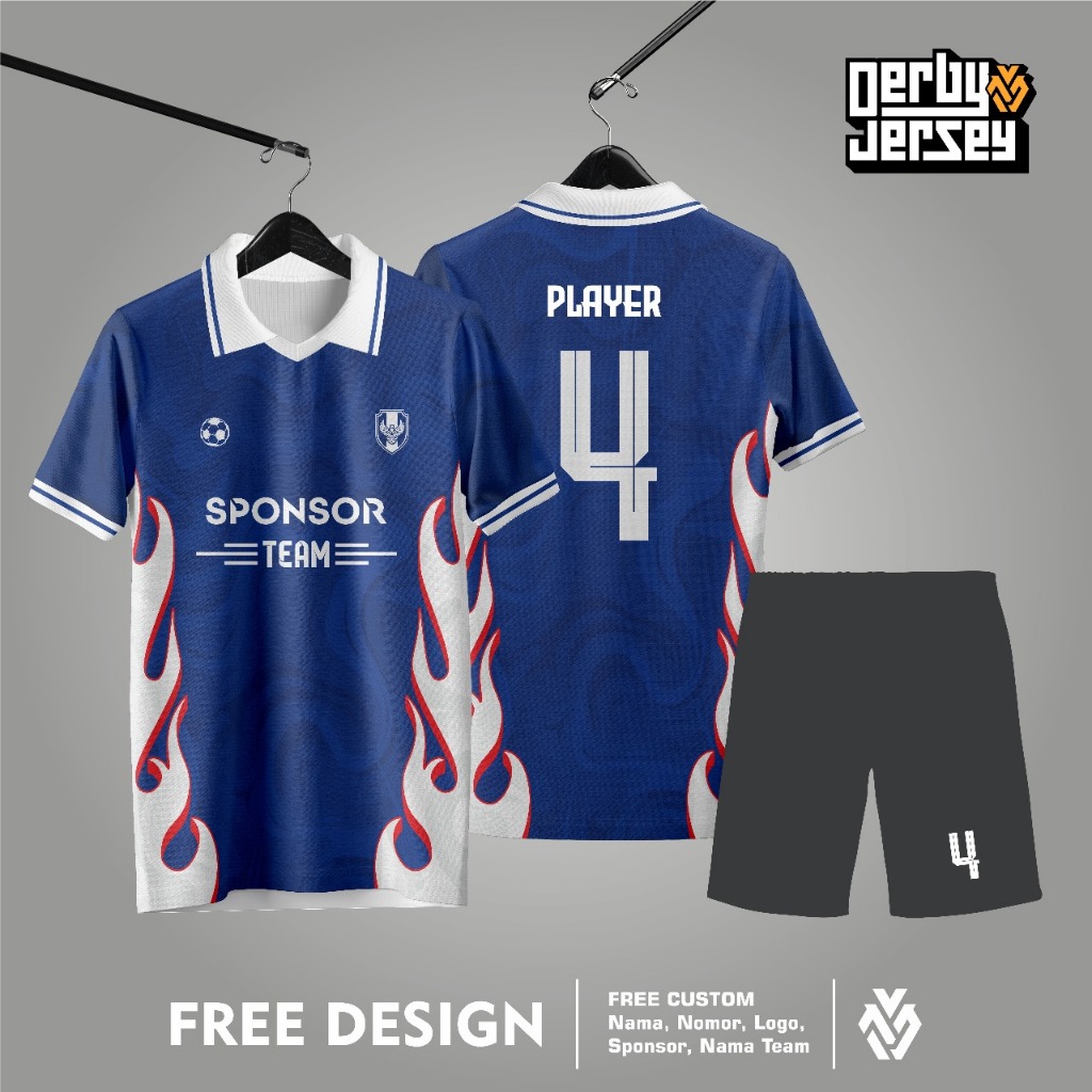Jersey Biru Putih Motif Fire Api Jersey Custom Jersey Futsal Jersey Satuan Jersey Jepang