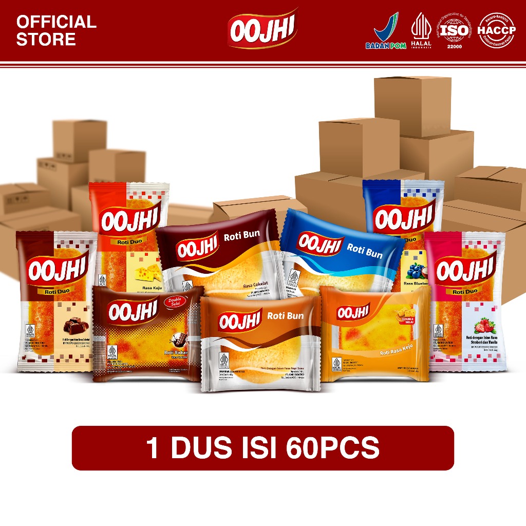 

OOJHI Roti 1 Dus Karton Isi 60pcs Paket Hemat Semua Varian Rasa Cemilan Enak Bersertifikat BPOM & Halal