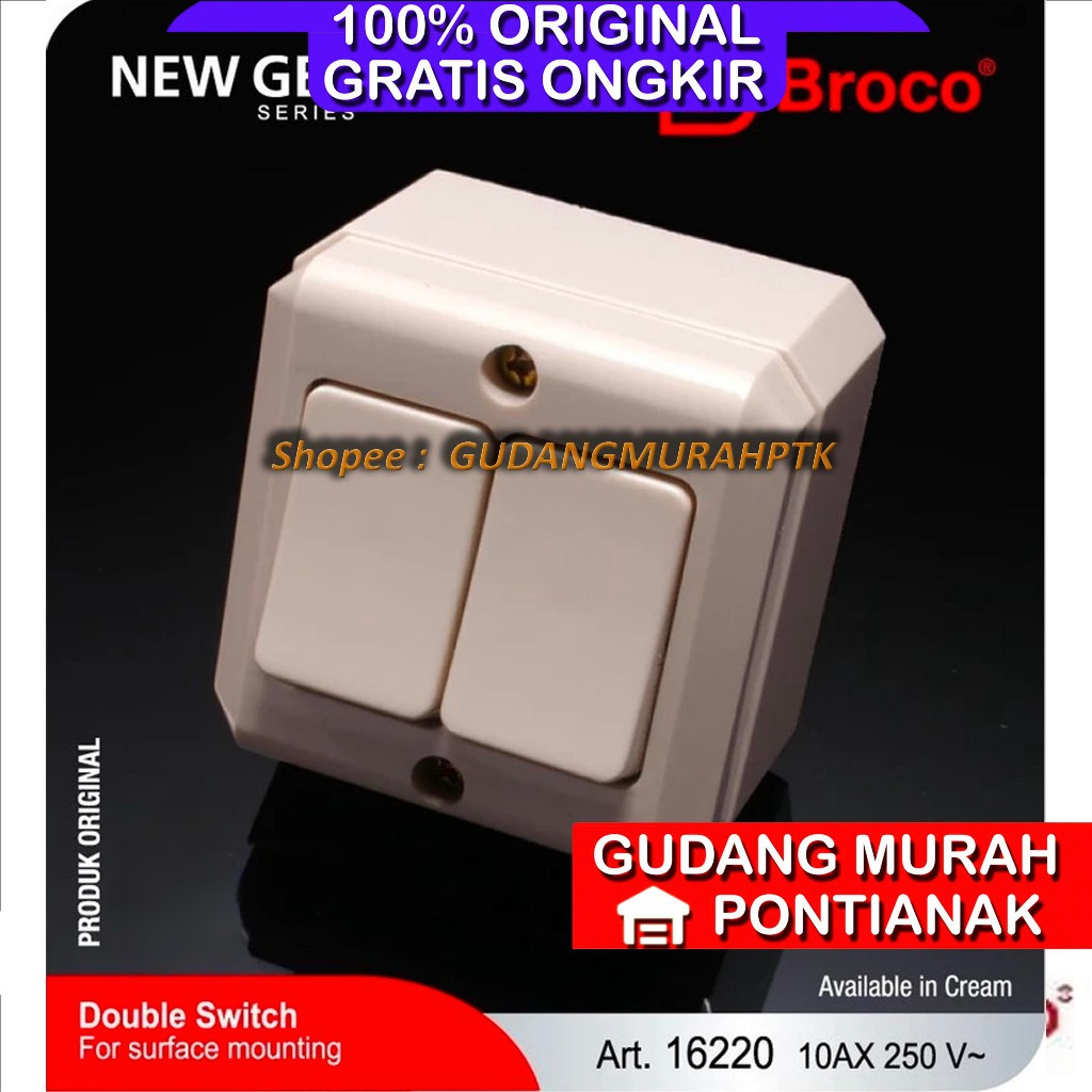 Sakelar BROCO Saklar SERI OUTBOW 16220 OB NEW GEE DOUBLE / 2 GANG 1 W SNI kuningan 2 ketekan timbul