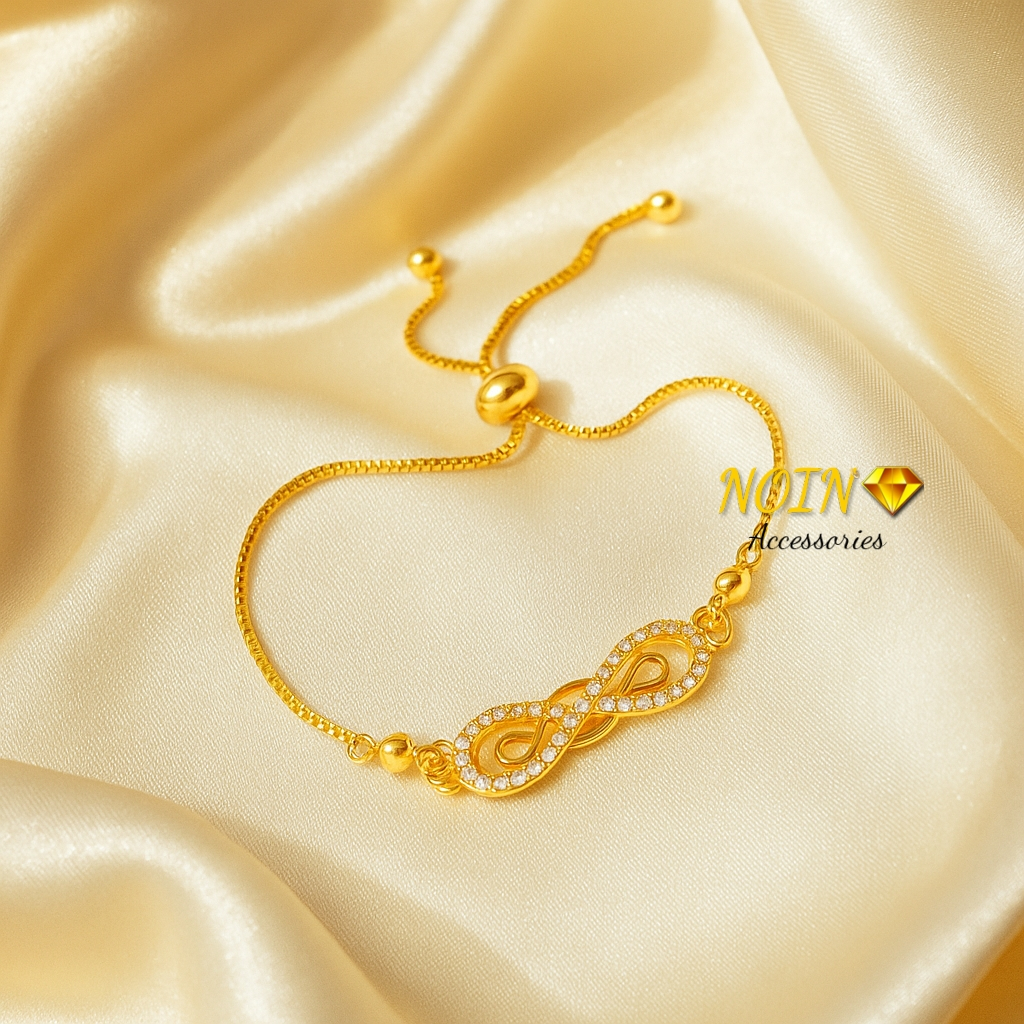 Noin - Gelang Wanita Serut Lapis Emas Model Infinity & Berlian Imitasi, Elegan, Anti Karat, Tidak Lu