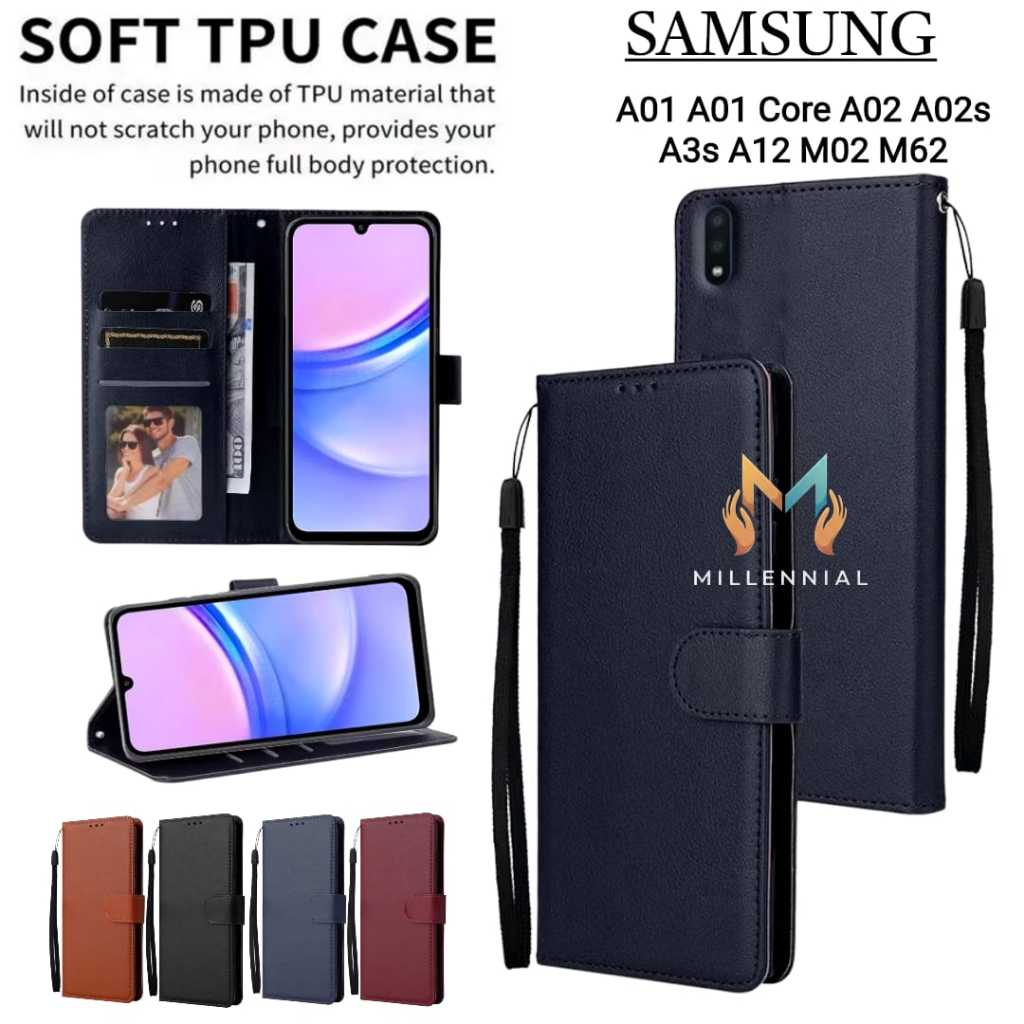 Flip Case LEATHER  Samsung A01 A01 core A02 A02s A03s A12 M02 M62 Casing Dompet Kulit Buka Tutup