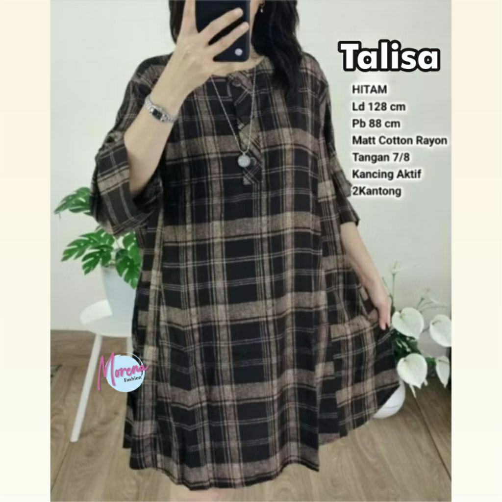 kemeja wanita motif talisa kotak rayon jumbo kancing lengan 7/8