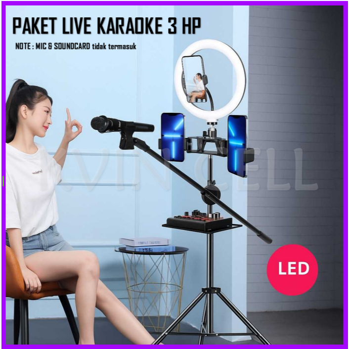 PAKET TRIPOD LIVE STREAMING KARAOKE STAND AUDIO HOLDER 2HP 3 HP RING LIGHT HOLDER PANJANG STAND RING