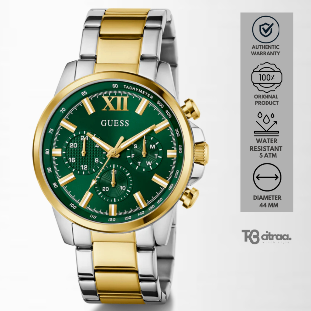 Jam Tangan Pria Guess Walker Multifunction Chronograph Silver Gold Stainless Steel Green Dial Mewah 