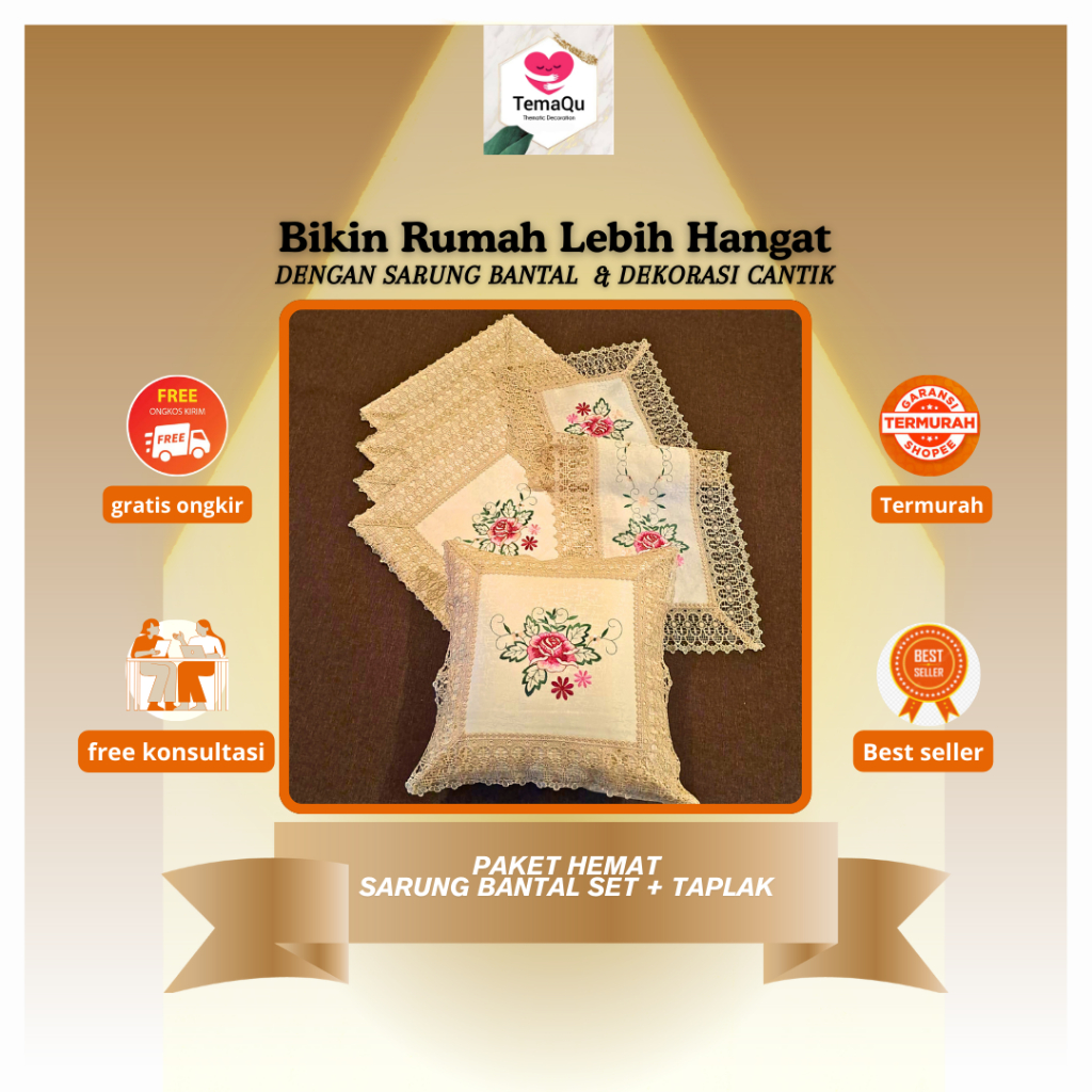 decardecor Sarung Bantal Kursi Sofa Set Bordir Kerancang Mewah Emas cantik