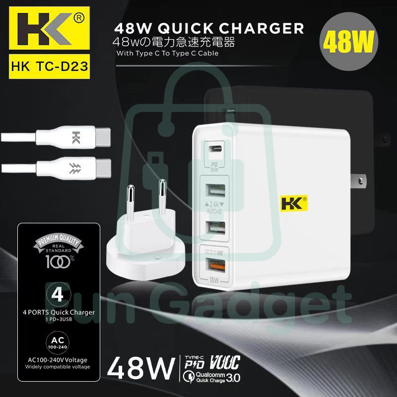CHARGER PD HK D23 FAST CHARGING 48W QC3.0 VOOC + Kabel Type-C To Type-C