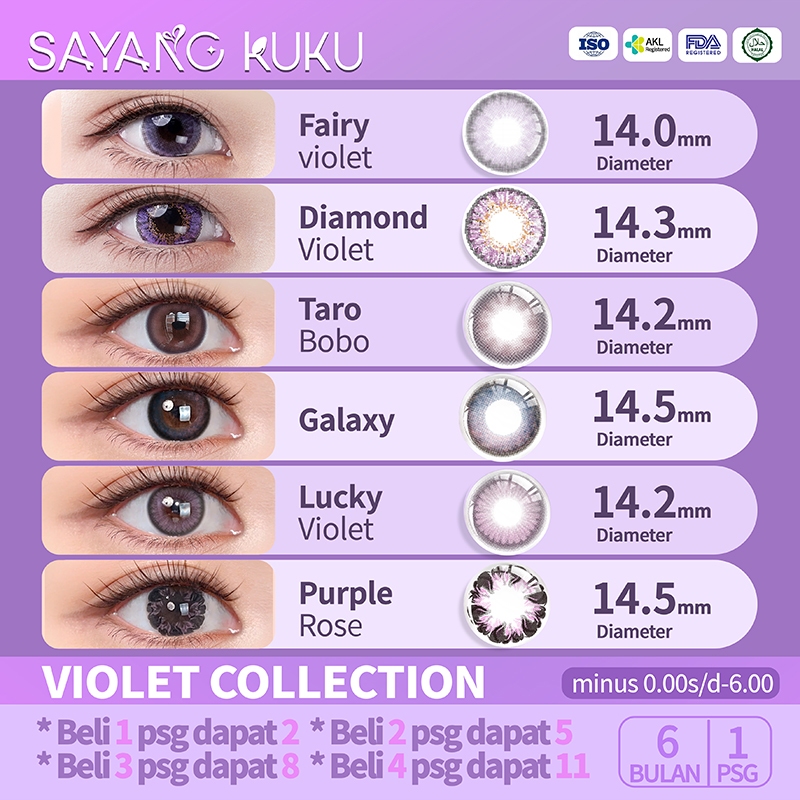 [Beli 4psg dapat 11]violet collection lensa kontak warna diameter 14.0-14.5mm 1 pasang softlens mata