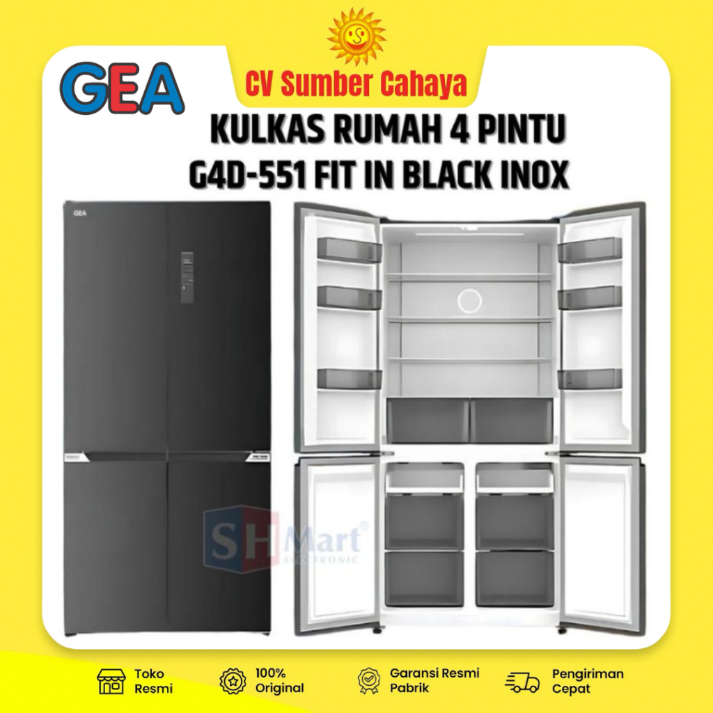 GEA Kulkas 4 Pintu Side by Side 551L Inverter G4D-551 Black INOX G4D 551 180W