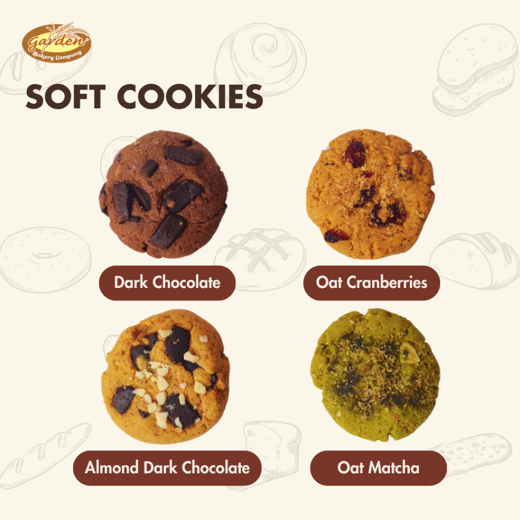 

[PROMO 3 PCS] Garden Bakery Soft Cookies Crunchy Classic Almond Dark Chocolate Oat Matcha Cemilan
