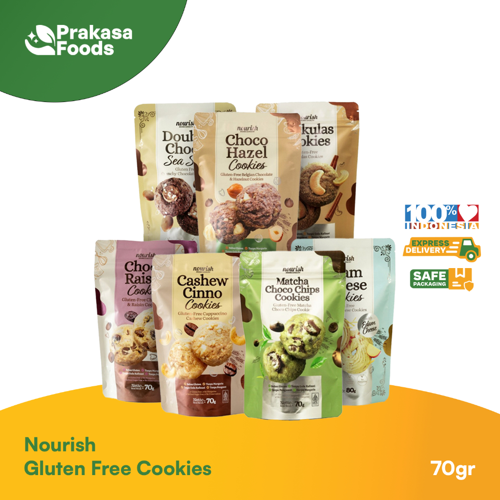 

Nourish Gluten Free Cookies - Choco Hazel Cashew Cinno Double Choco Sea Salt 70gr