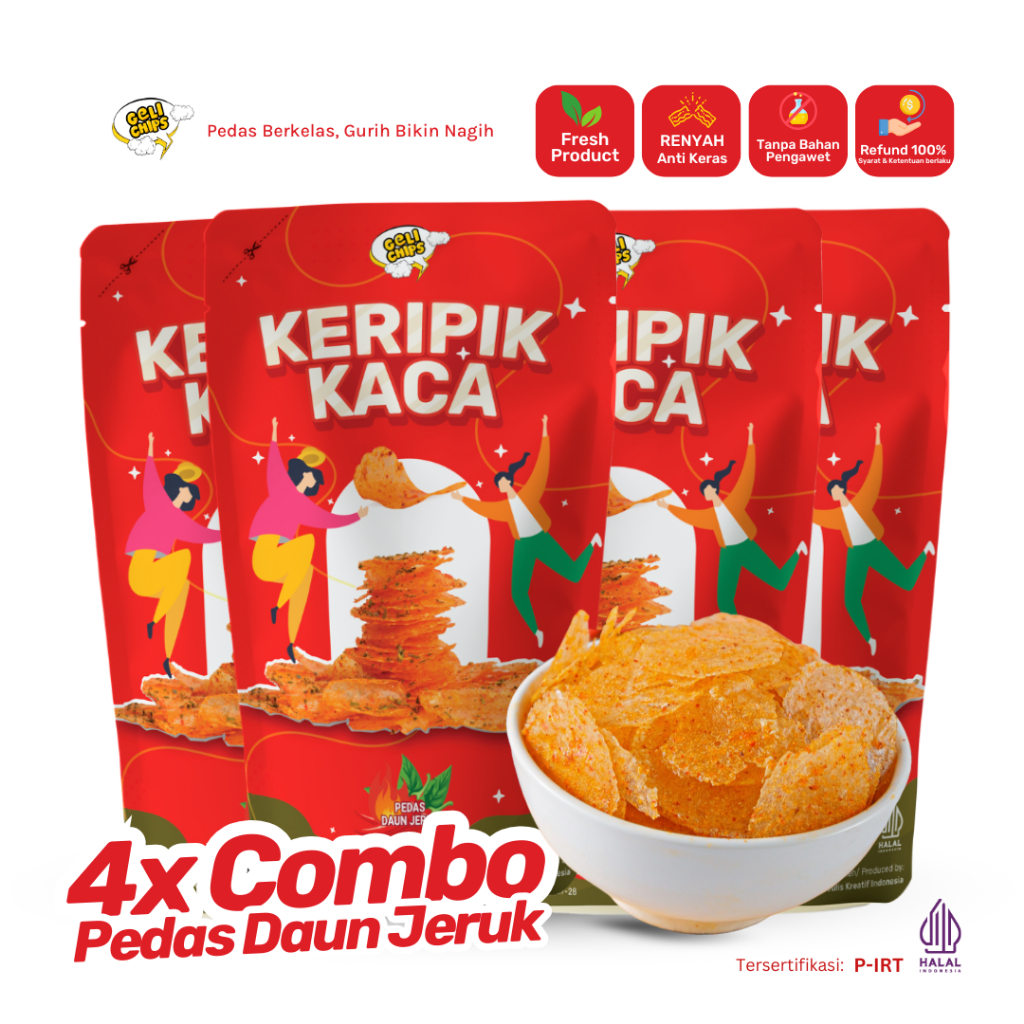 

GELICHIPS - Paket Combo 4pcs Keripik Kaca (KIRPCA) Pedas Daun Jeruk 50gr
