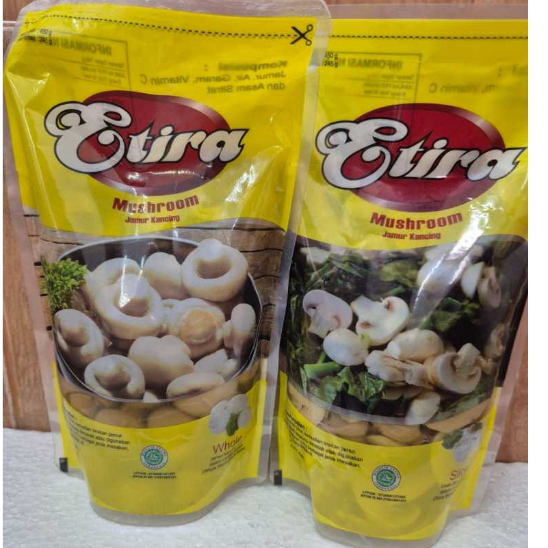 

Jamur kancing Etira Pouch Slice 245gr/ Jamur whole etira 245gr/ Mushroom Etira/ Whole Mushroom/ Slice Mushroom/ Jamur kancing