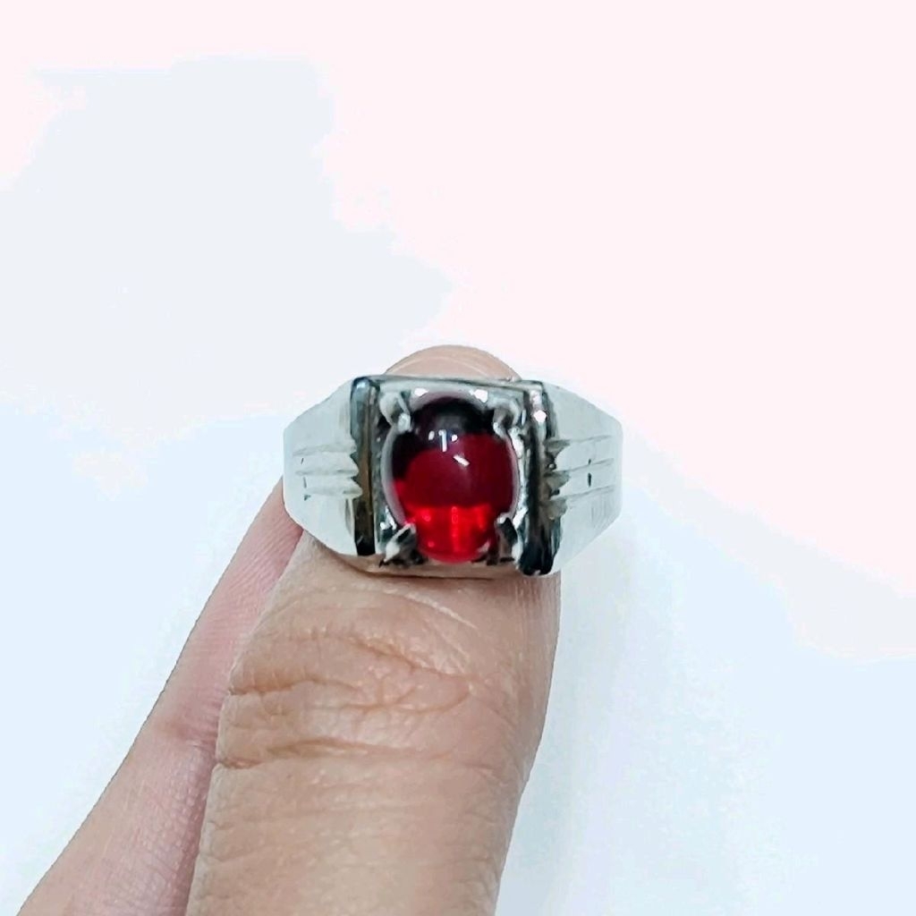 Cincin Stainless / Monel Batu Obsidian Merah Siam