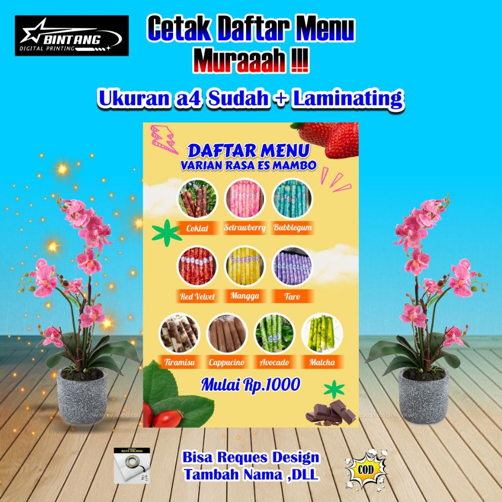 

Cetak Daftar Menu Ukuran a4 Sudah + Di laminating