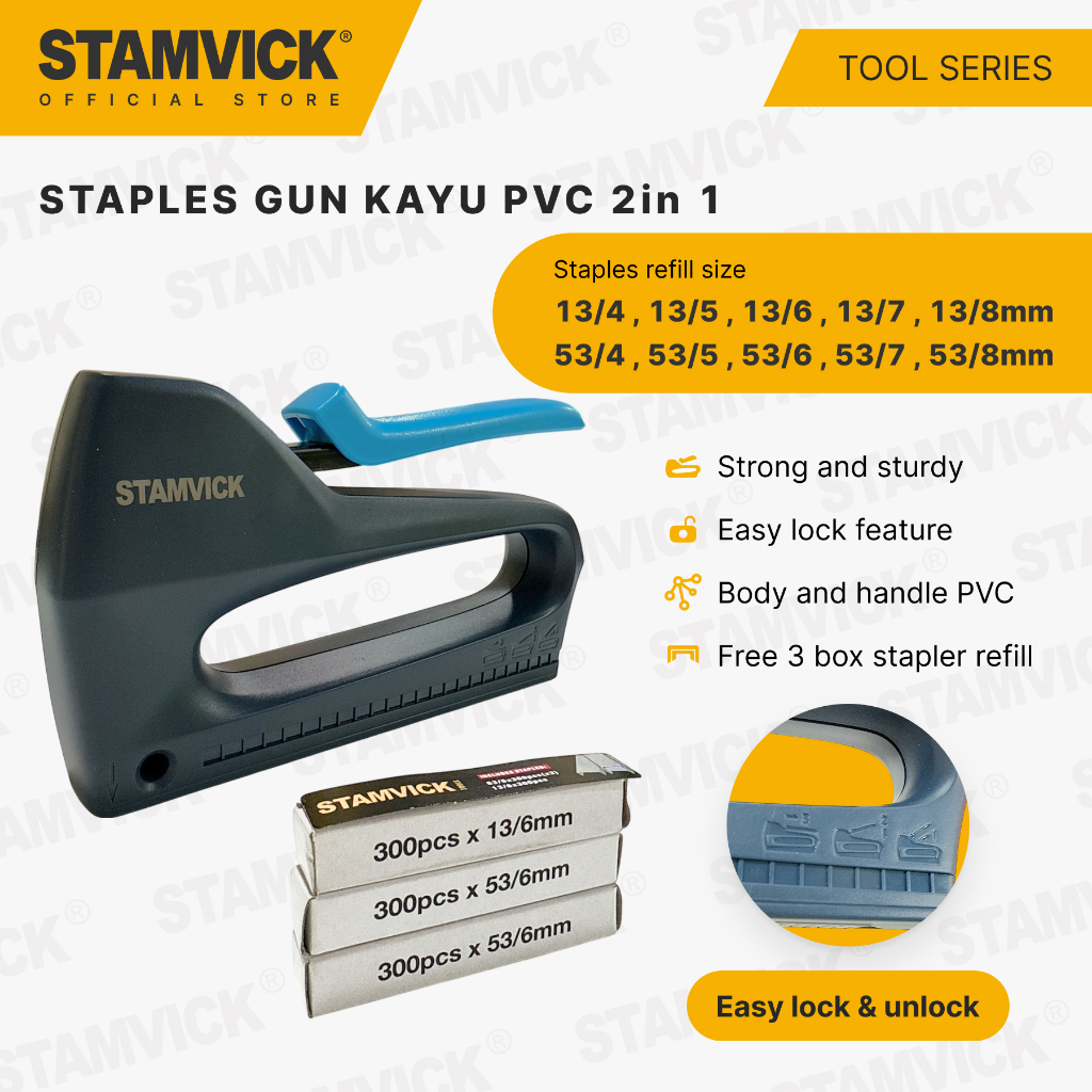 

Staple Gun / Staples Tembak 2 in 1 Stamvick / Alat Stapler Tembak Jok Kulit Motor / Cekrekan / Pengokot / Stapler Sofa / Karpet / Kayu / Kain