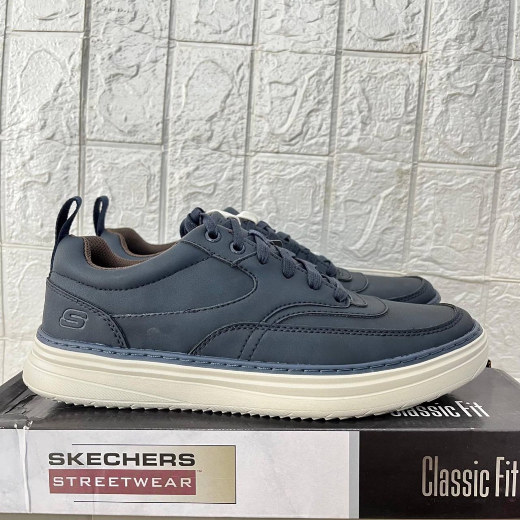 2 VARIASI WARNA SEPATU SKECHERS PRIA SSKECHERS HYLAND LARS 210942 NAVY & OFF WHITE FORMAL SNEAKERS N
