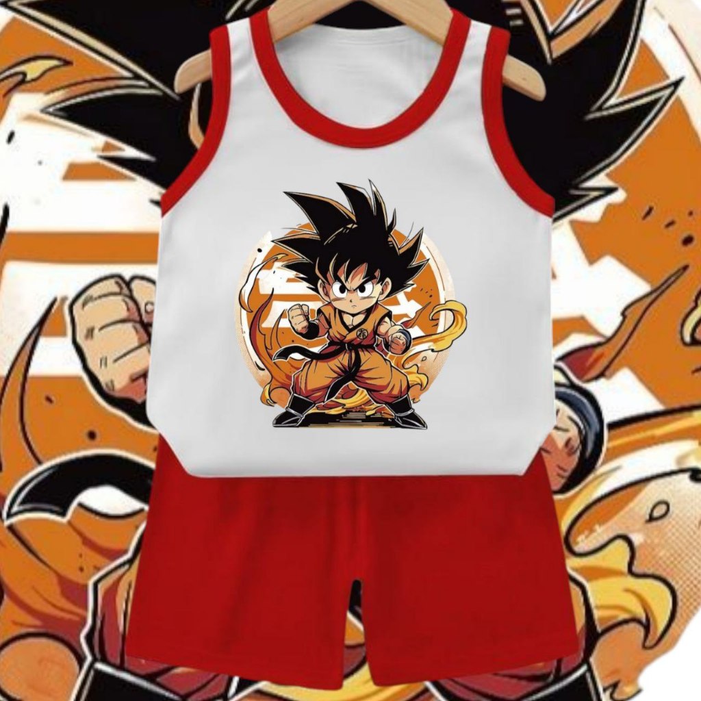SETELAN BAJU KETEKAN / BAJU OBLONG ANAK UNISEX MOTIF GOKU ONFIRE PART 2 FREE ONGKIR