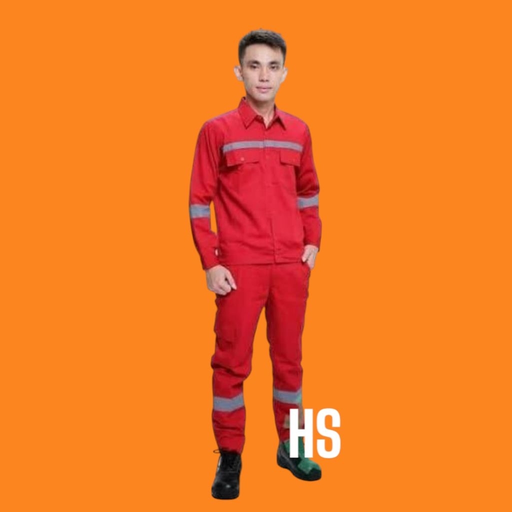 Baju safety seragam kerja proyek setelan celana lengan panjang -Merah