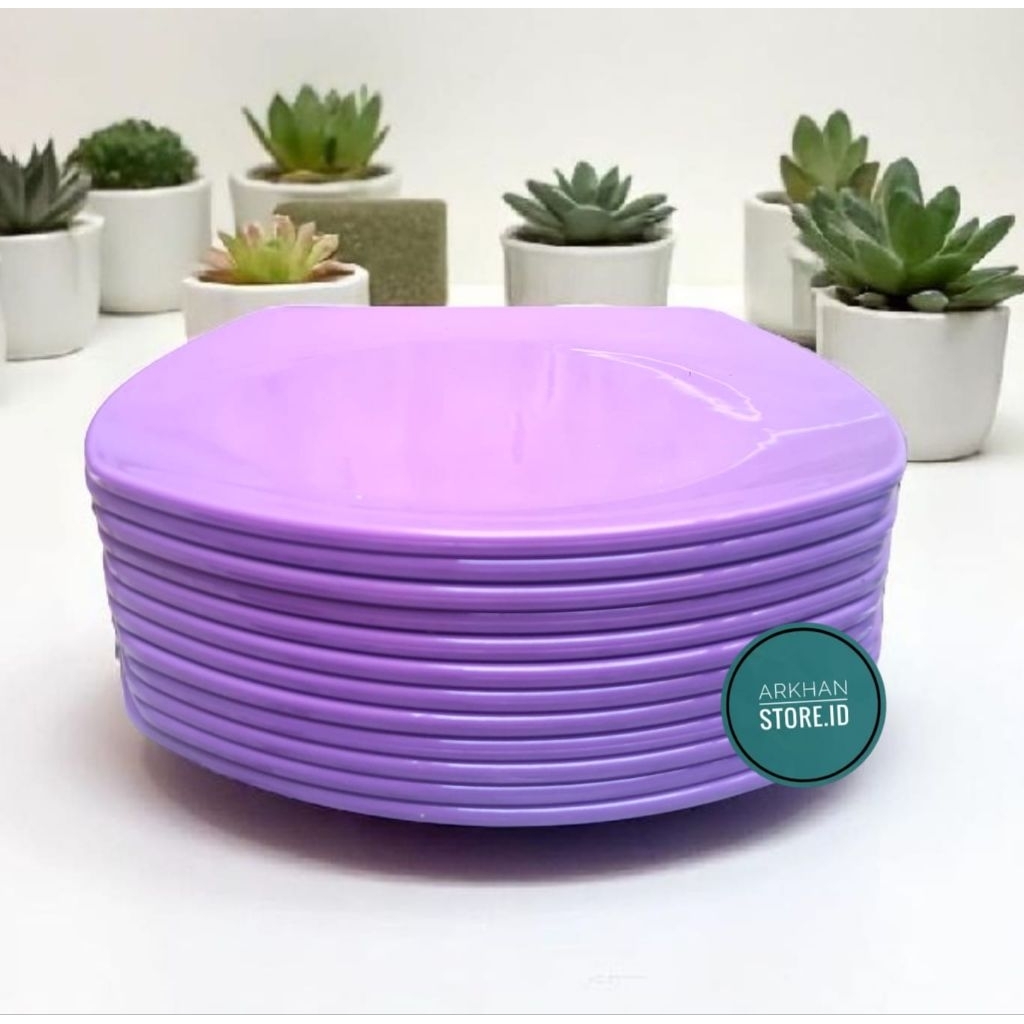 12 PCS PIRING SAJI Melamin 23CM PIRING MAKAN KOTAK TEBAL UNGU MUDA