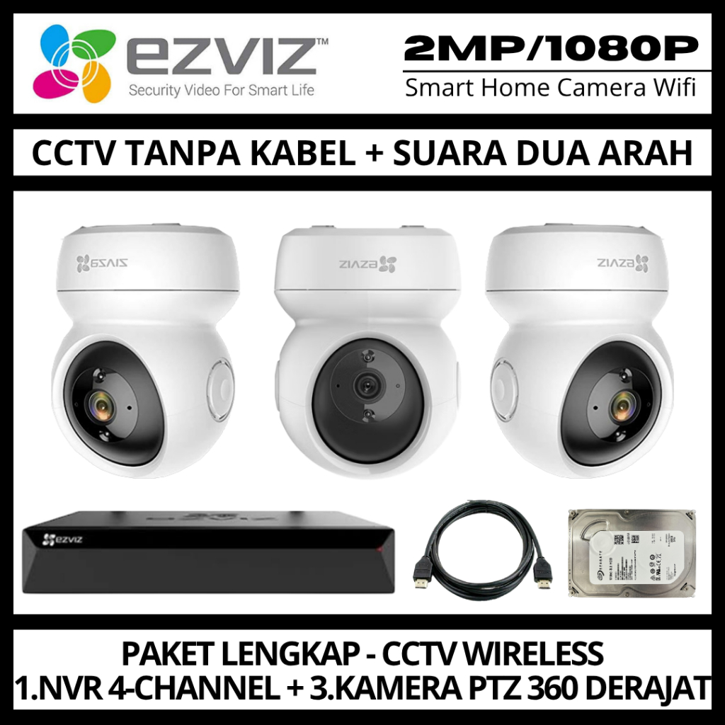 Paket CCTV EZVIZ 2MP 4 Channel 3 Kamera CCTV WIFI Camera Wireless Kamera Wifi