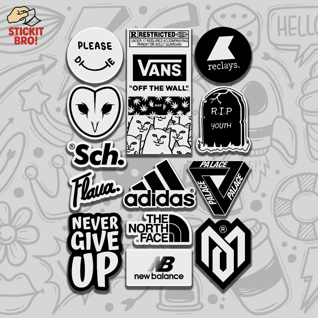 

Sticker Pack BRAND VOL 05 Aesthetic Vynil Anti Air Potongan KissCut Tumblr Helm Laptop BLACK & WHITE