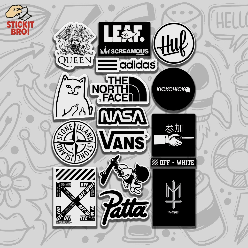 

Sticker Pack BRAND VOL 06 Aesthetic Vynil Anti Air Potongan KissCut Tumblr Helm Laptop BLACK & WHITE