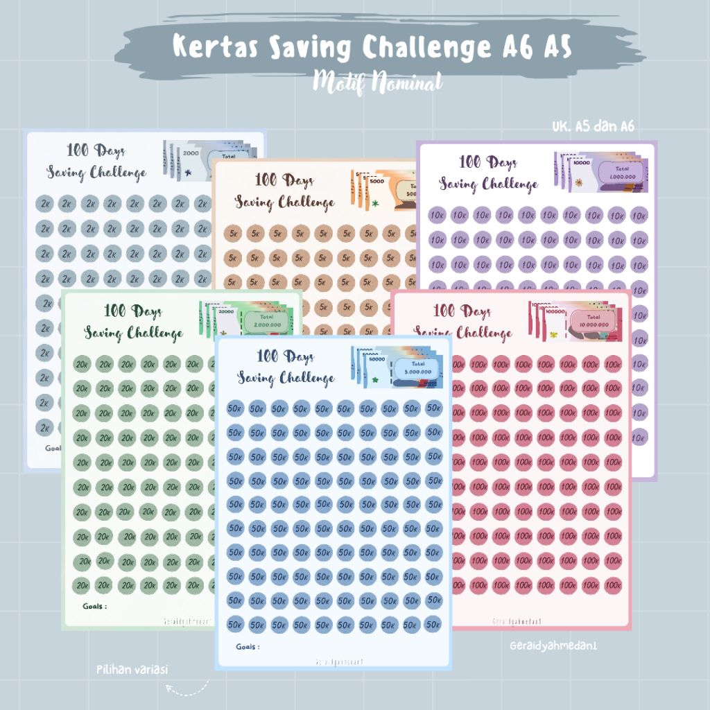 

Kertas Binder Saving Challenge A6 A5 Motif Nominal