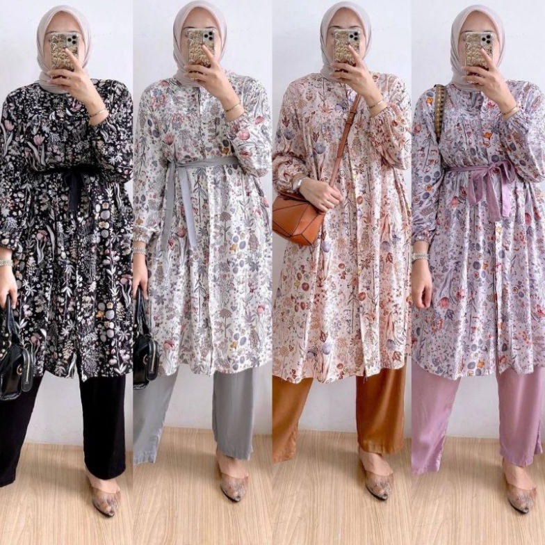 KODE P73R  Tunik Set Wanita Terbaru Muslim Modern Kekinian Best Premium Mewah Bahan Adem Tali Lepas 