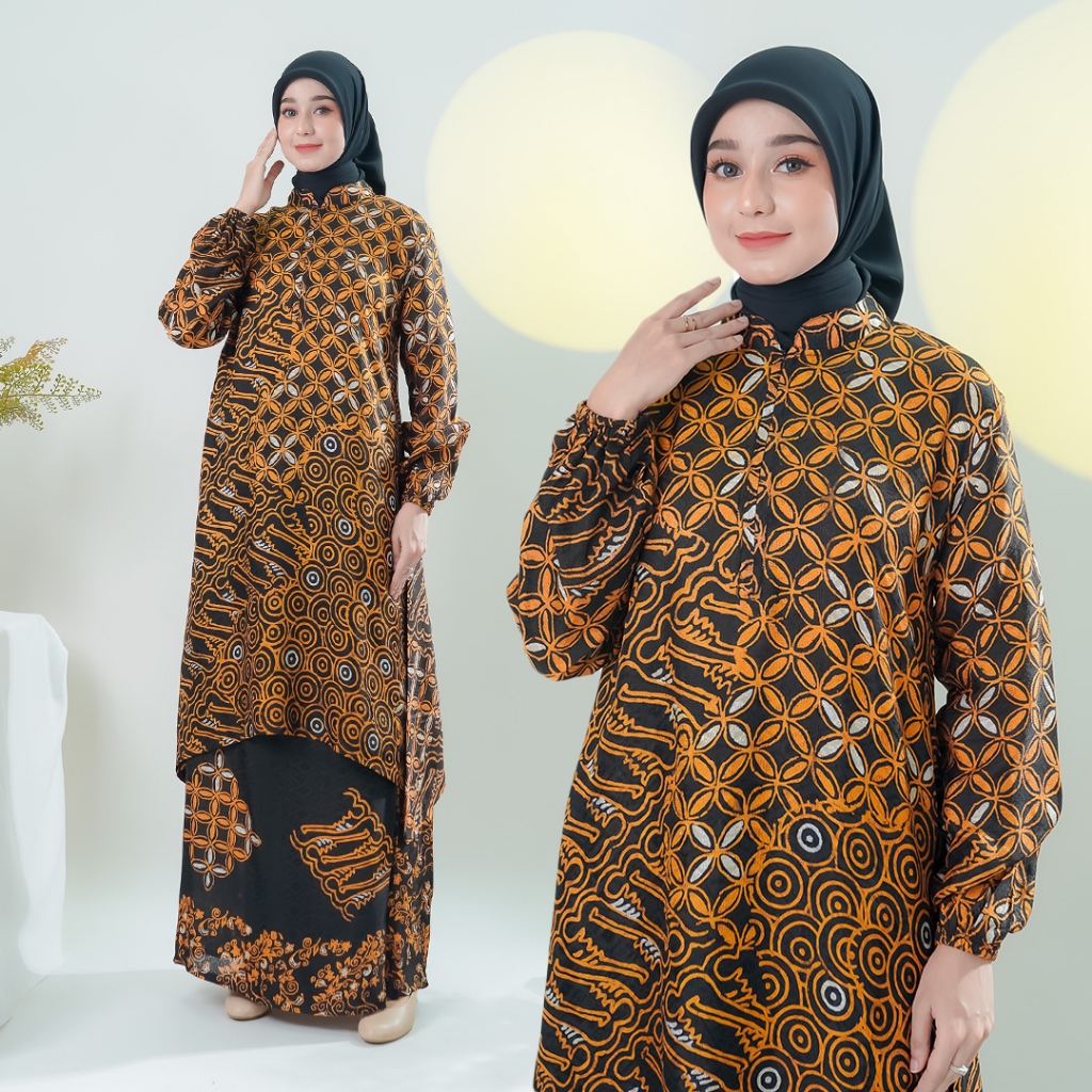 ‎Set Tunik Batik Dobby Sutra Viscose Baju kondangan wanita kekinian Batik Wanita lengan panjang
