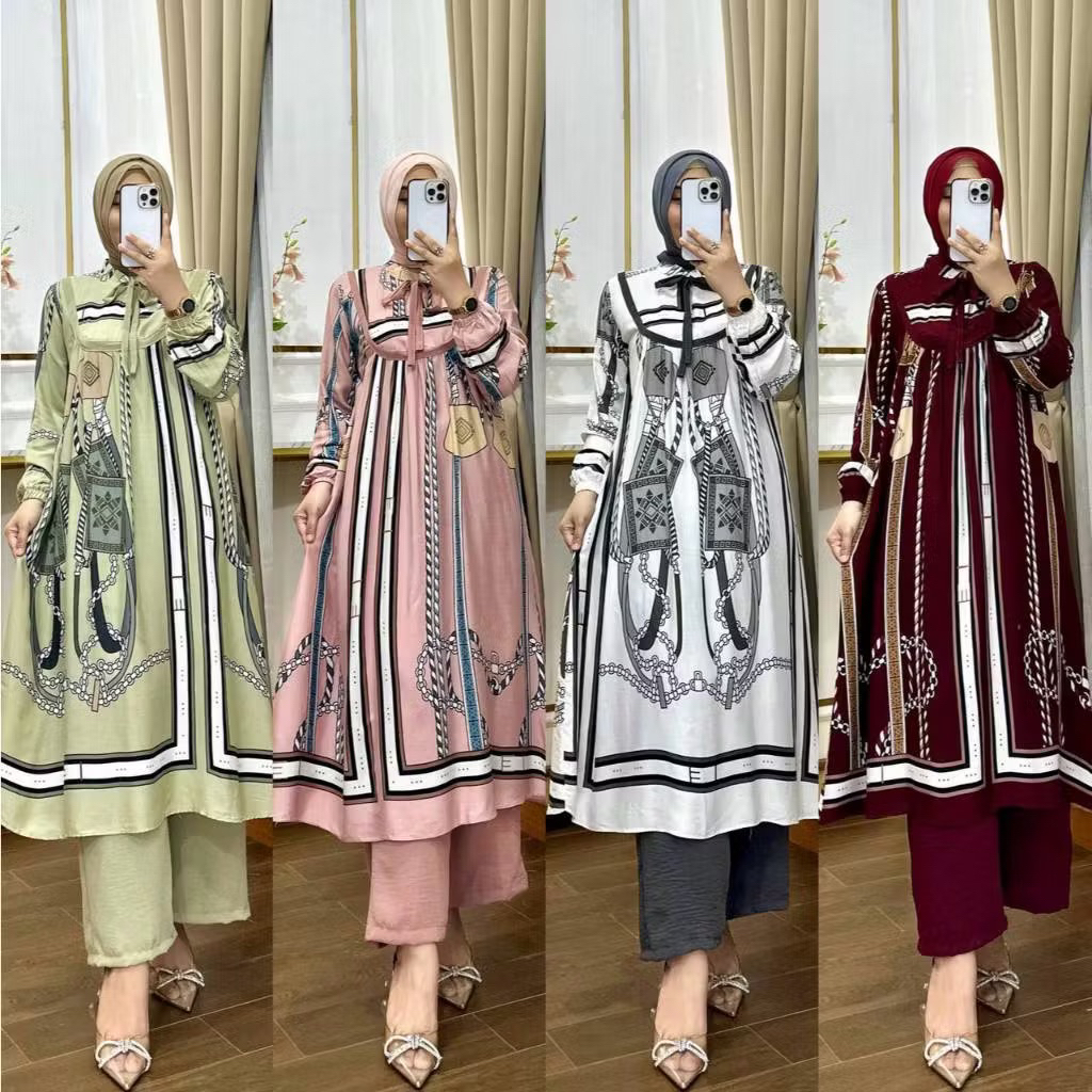 New Set Long Tunik Wayang Setelan Wanita Tunic Motif Wayang kekinian Ootd Wanita Resleting depan Bus