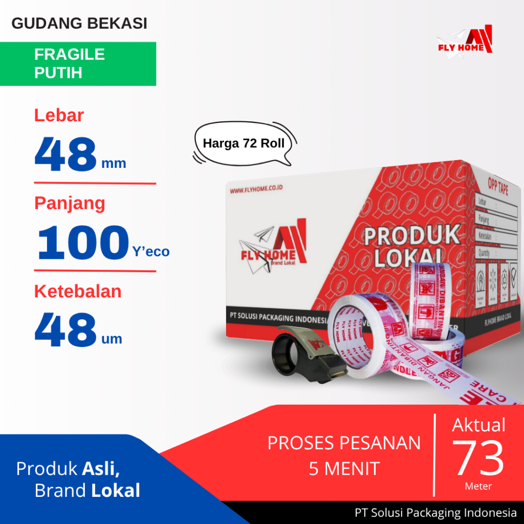 

FLYHOME 1Dus Lakban Fragile Putih 48x100Y 2inci Uk Besar 72Roll ECO 100 Yard CARGO