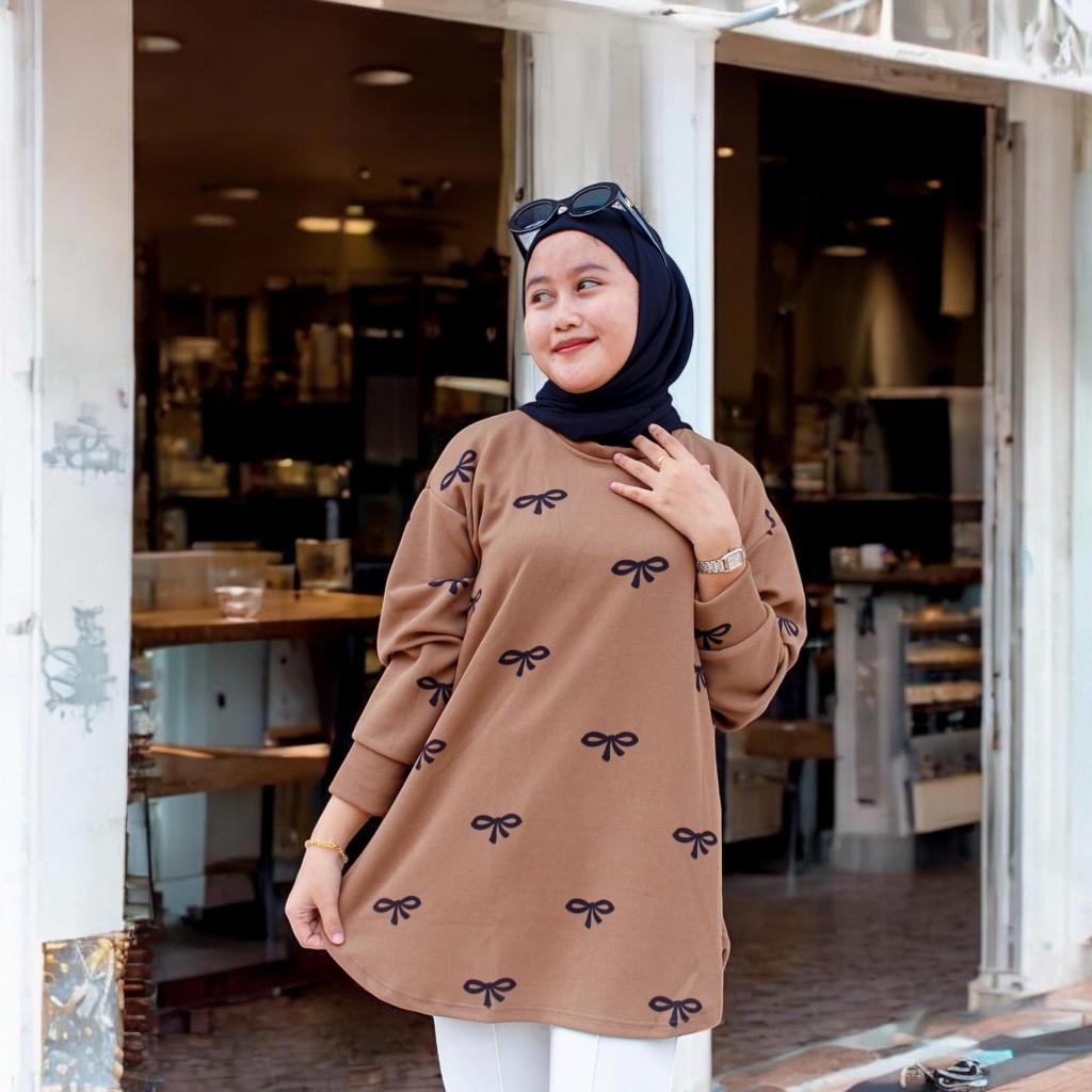 Atasan Knit Kanaya Blouse Motif Pita Lengan Manset Lokal By fx - Atasan wanita