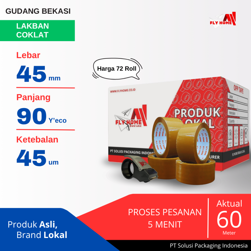

FLYHOME 1Dus Lakban Coklat 45x90Y 2inchi Solasi Uk Besar 72Roll ECO 90 yard CARGO