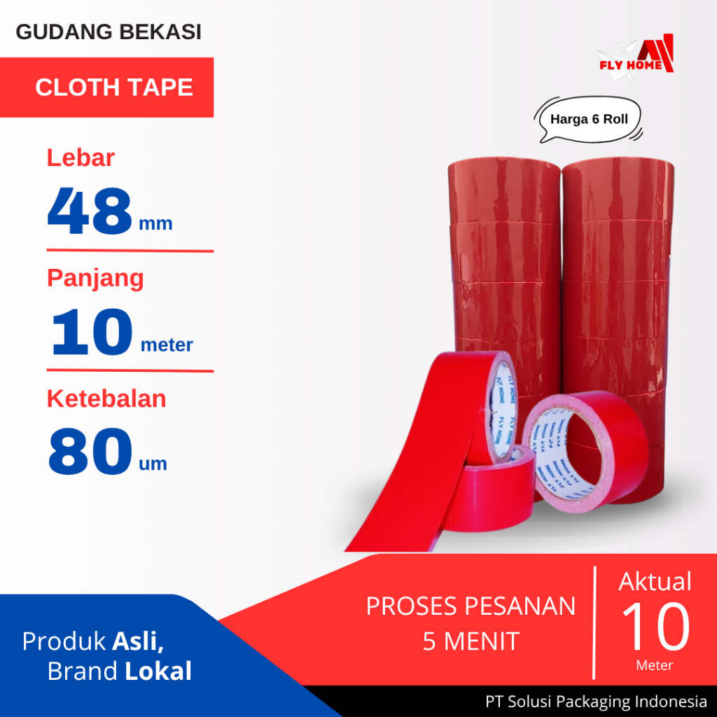 

FLYHOME 6Roll Lakban Jilid/Kain Merah 48x10M 2inchi Cloth Tape 10 meter
