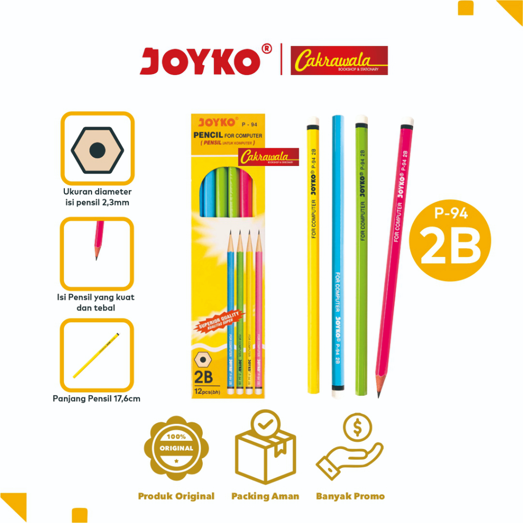

JOYKO Pensil 2B P-94 | Pensil Kayu Hitam Pekat | Pensil Sekolah, Pensil Ujian, Menulis & Menggambar