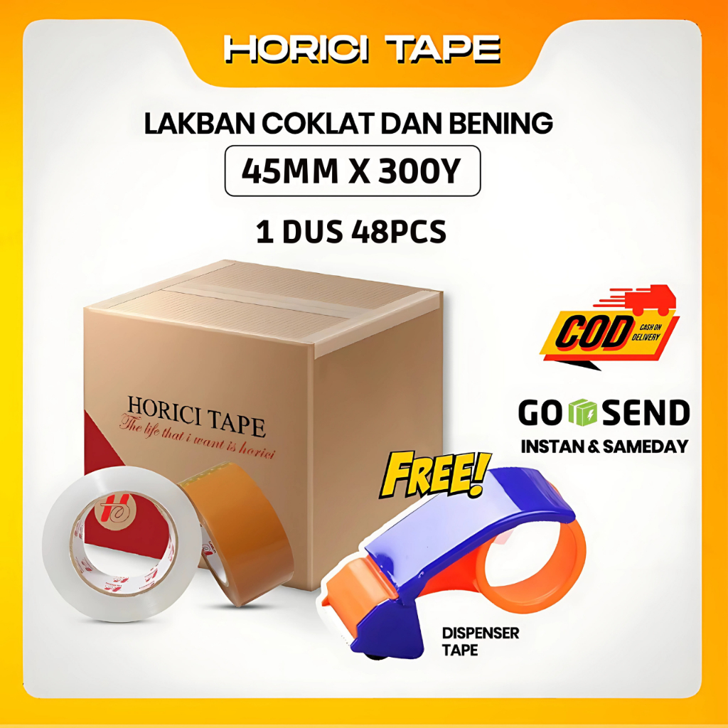 

HORICI 1 Dus Lakban Bening Dan Coklat 45mm x 300y 45 Micron 48Pcs tersedia grosir dan instan
