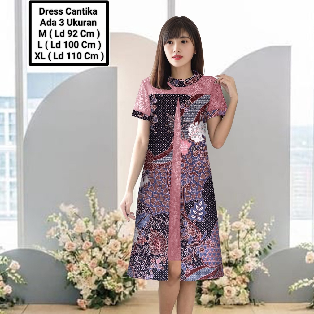 KODE M24O Dress Wanita Midi Model Terbaru Matt Batik Kombinasi Brokat MutiaraDress Cantika Batik Siz