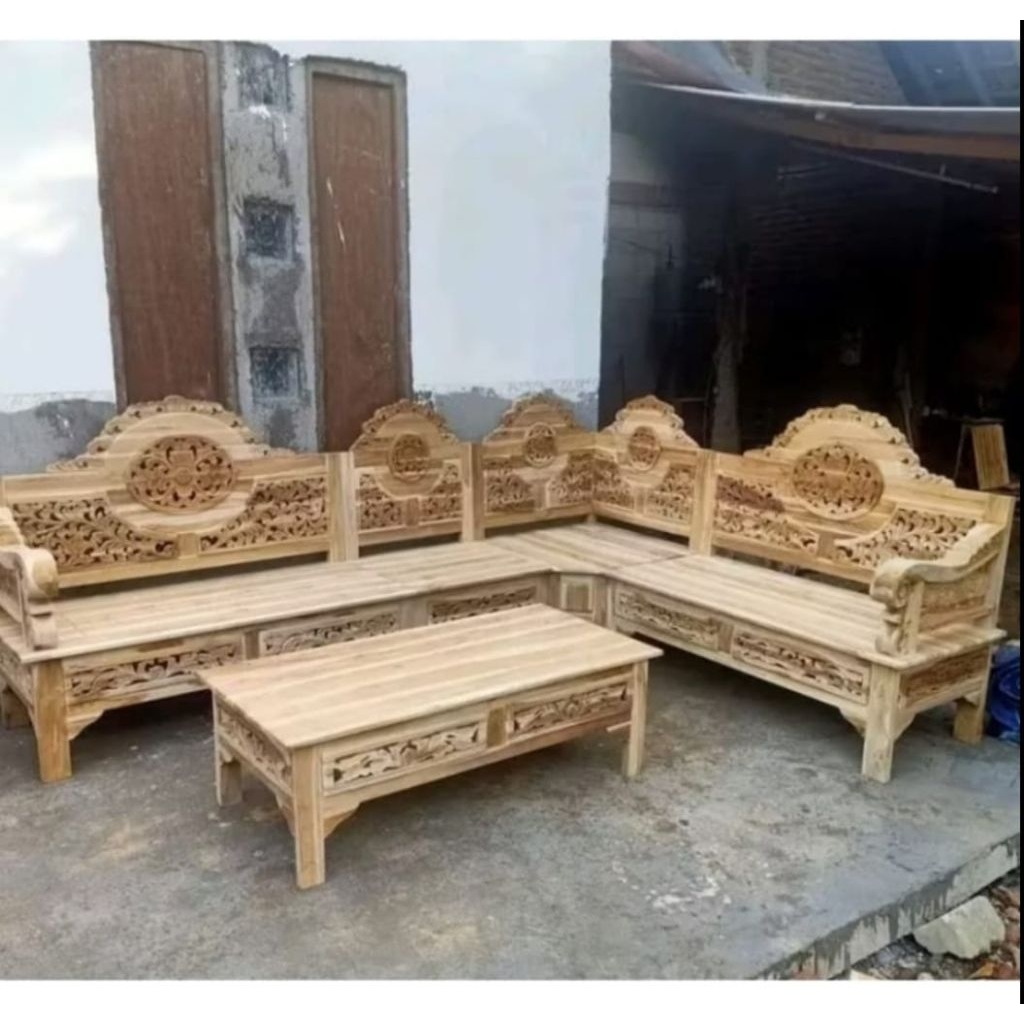 Kursi Tamu Sudut Ukiran Nampan Jepara Full Kayu Jati Kursi Bangku Minimalis Kayu Jati kursi + meja u