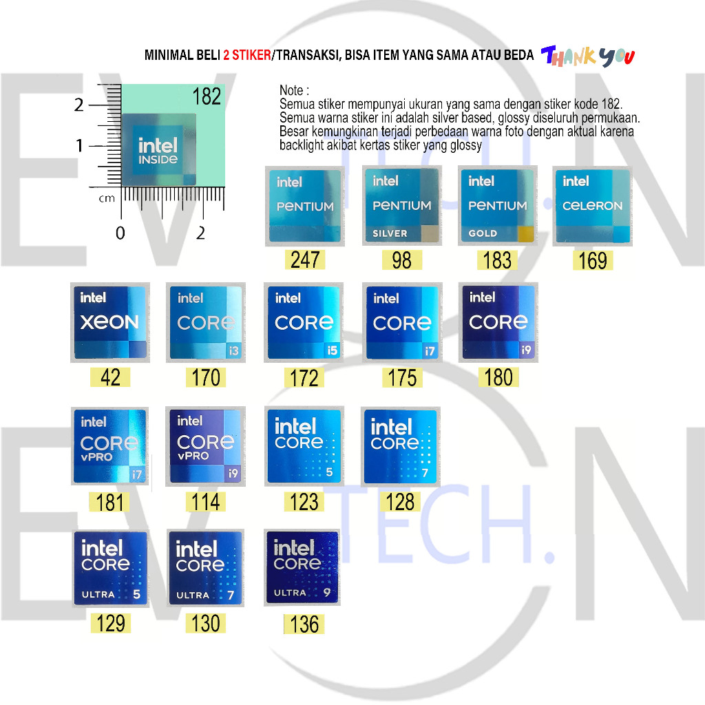 Stiker Logo Intel Pentium Celron Xeon Core VPro i3 i5 i7 i9 11Gen-2024 Ultra Graphics Evo Iris Arc