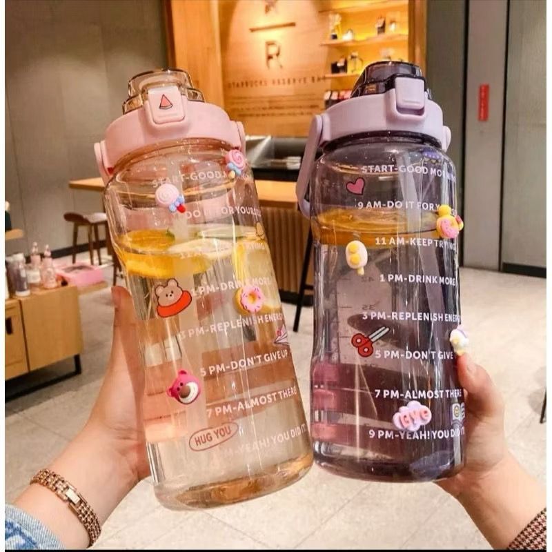 Botol minum Jumbo 2 LITER Motivasi Penanda waktu Tritan Quifit Handle BENING 2000ML - Botol Minum 2L