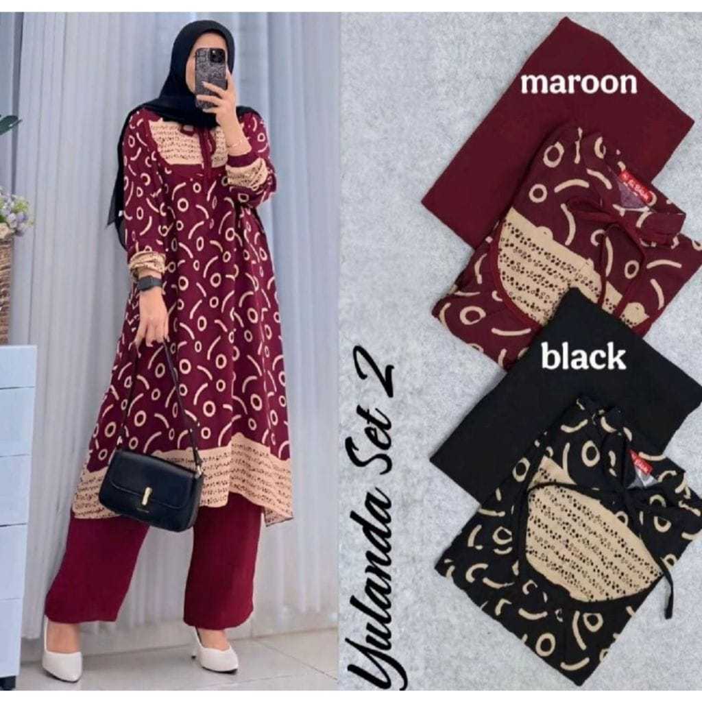 YULANDA SET LONG TUNIK RAYON MIX CRINKLE FIT TO XL | ONE SET TUNIK MOTIF | SET RAYON MIX CRINKLE | S