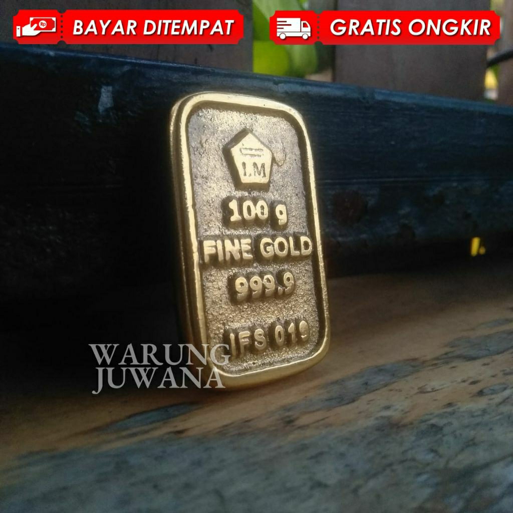 Replika Emas Batangan 100 Gram 5cm x 3cm Bahan Kuningan Murni Pajangan Ruang Tamu Miniatur emas