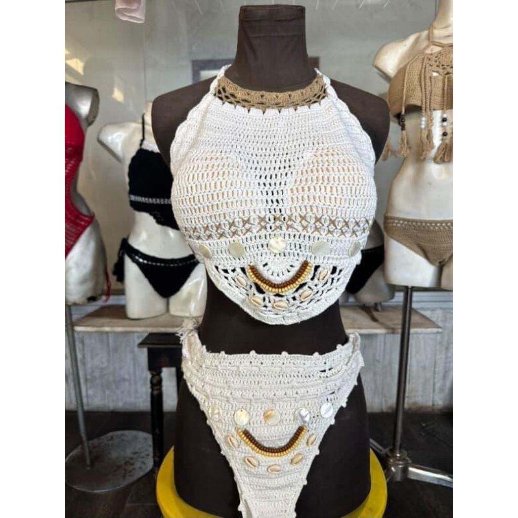Bikini One Set Knit / Rajut White with Accecories
