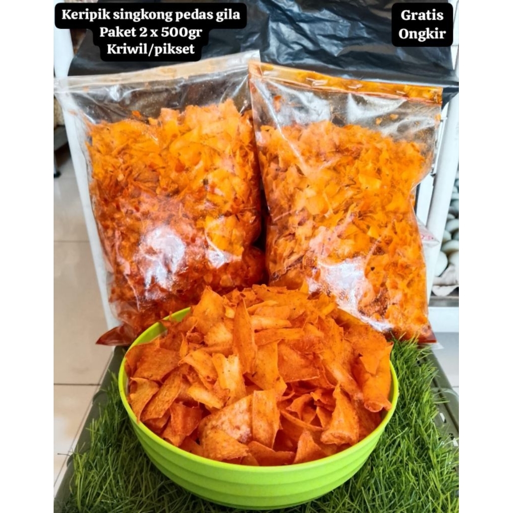 

keripik singkong pedas gila, paket 2 pack x 500gram, kriwil/pikset, renyah gurih best seller gratis packing babblewarp