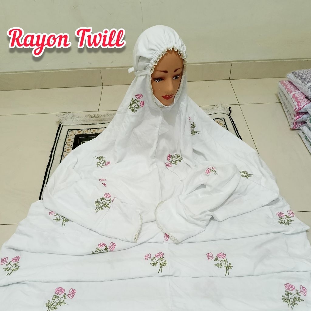 Mukena Dewasa Rayon Putih Terusan Bordir Mukenah Lajuran Seribubunga