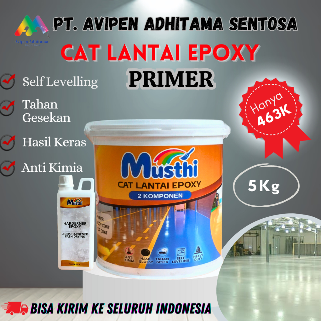 Cat Lantai Epoxy Primer TopCoat Mengkilap Musthi Pox 5 Kg utk Beton Keramik Semen