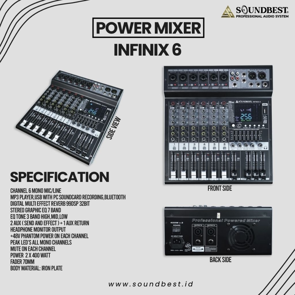 POWER MIXER SOUNDBEST INFINIX 6 PROFESIONAL POWER MIXER 6 CHANNEL MONO MIC/LINE USB + BLUETOOTH ORIG