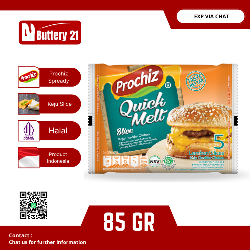 

PROCHIZ QUICK MELT SLICE 85 GR/ISI 5 LEMBAR SLICE/KEJU CHEDDAR OLAHAN/KEJU SLICE/KEJU LEMBARAN