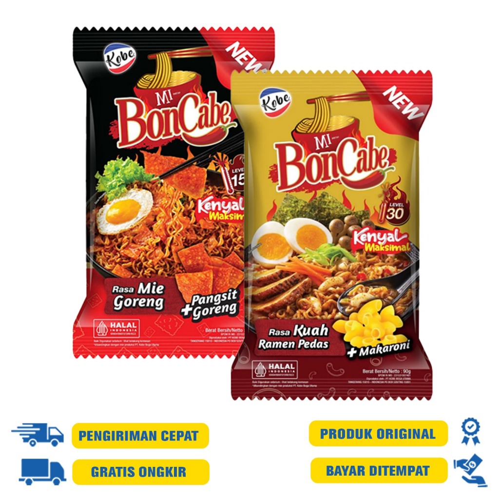 

BonCabe Mi Instan - Mie Goreng LvL 15 105 G.R + Pangsit Goreng | Mie Kuah Lv 30 90 G.R + Makaroni